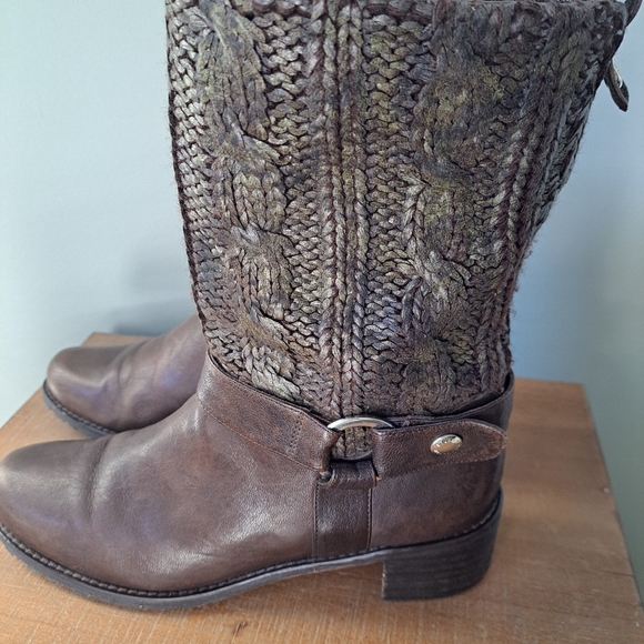 Stuart Weitzman Pimilco Knit Brown Leather Moto Boot - Picture 3 of 8